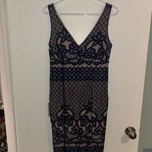 Le Chateau Navy and Beige Lace Midi Dress NWT